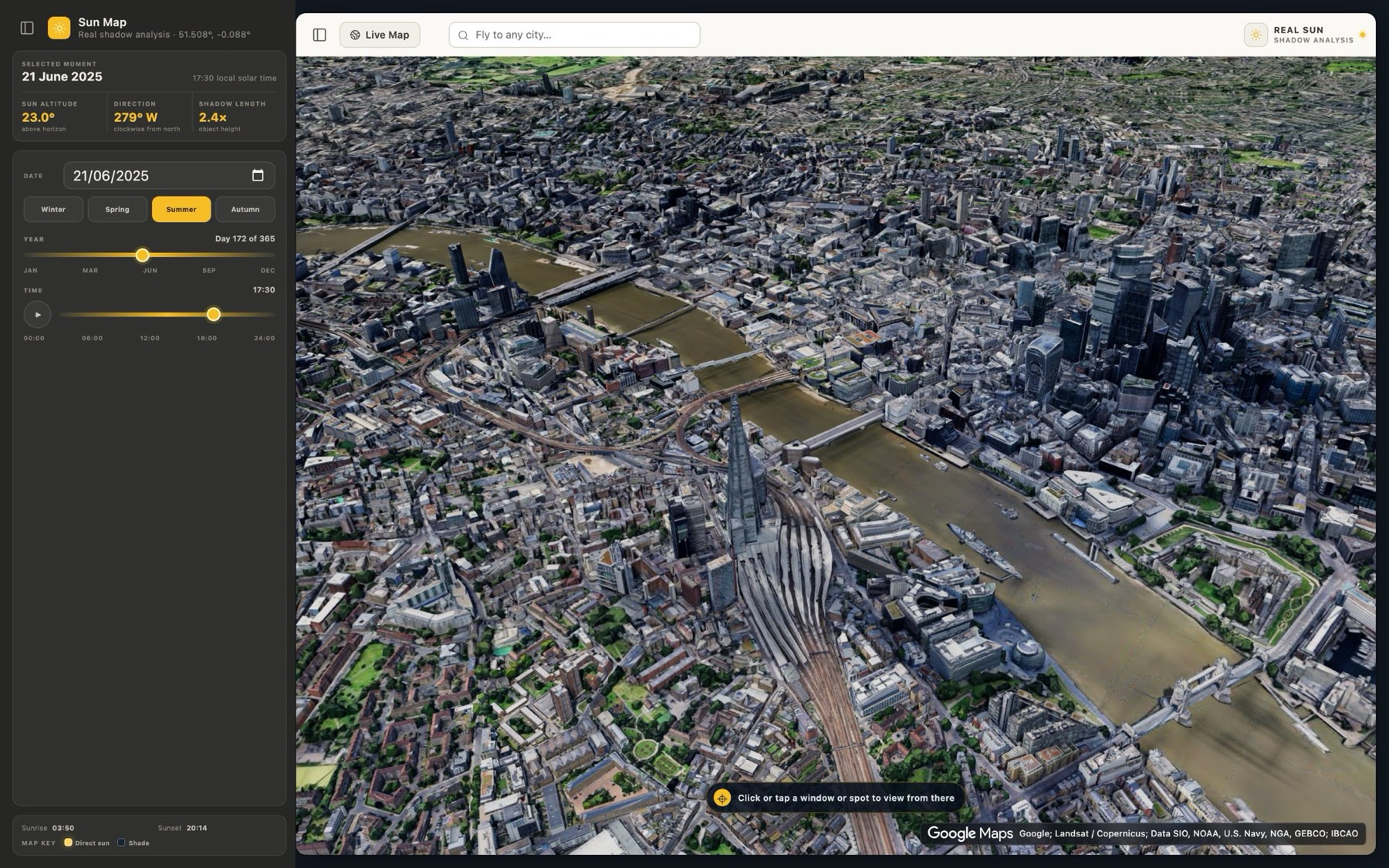 The Sun Map interface: a control rail showing the selected date, sun altitude, compass direction and shadow length, beside a photoreal 3D view of central London with building shadows.